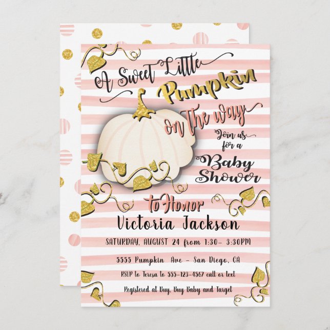 White Gold Little Pumpkin Baby Shower invitations (Front/Back)