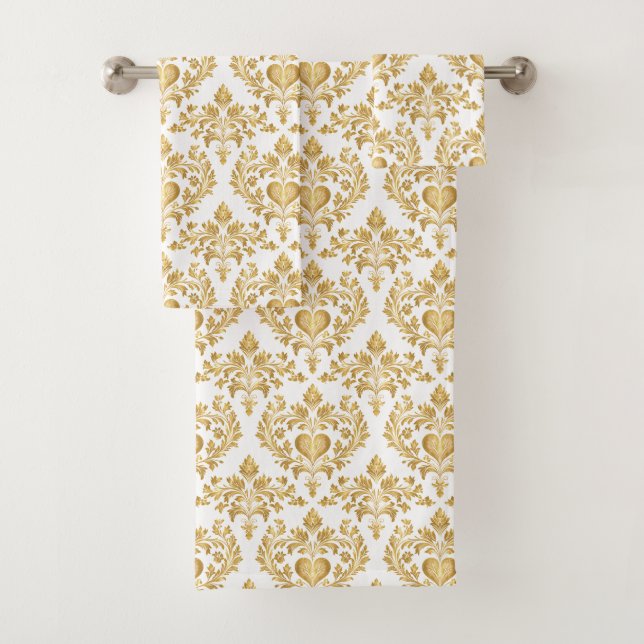 White & Gold Look Damask Heart Bathroom Towel Set (Insitu)