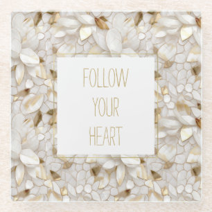 White Gold Lotus Flowers Glass Coaster