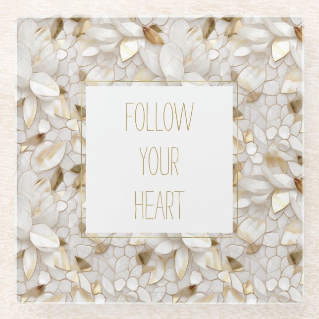 White Gold Lotus Flowers Glass Coaster (Front)