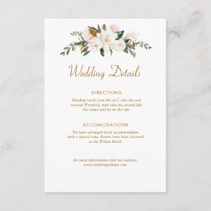 white & gold magnolia floral wedding details card