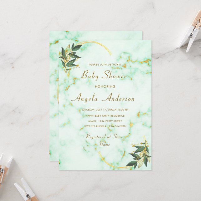 White Gold Marble Baby Shower Invitation Template (Front/Back In Situ)