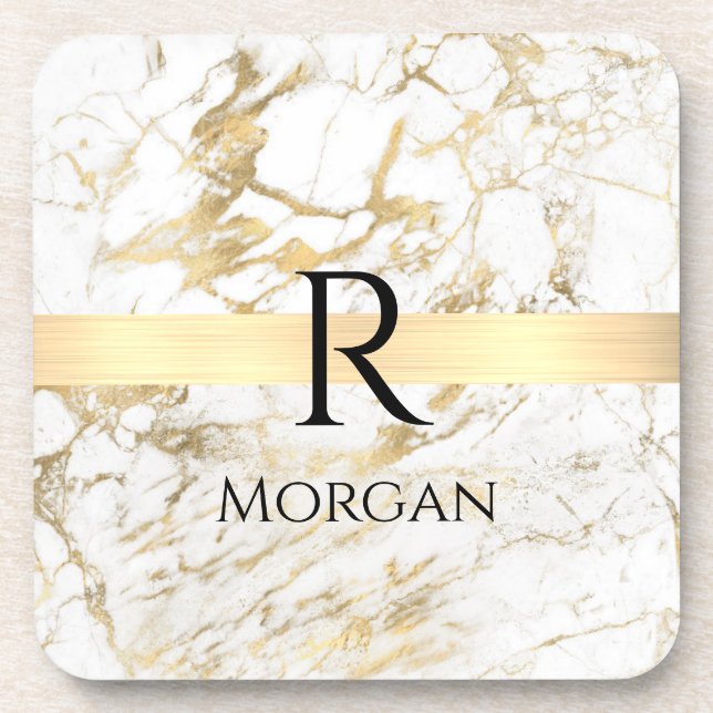 White & Gold Marble, Black Name & Monogram Coaster (Front)
