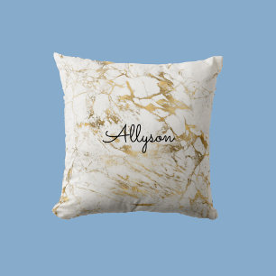 White & Gold Marble, Black Script Name or Monogram Cushion