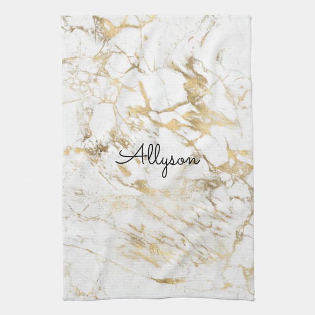 White & Gold Marble, Black Script Name or Monogram Tea Towel (Vertical)