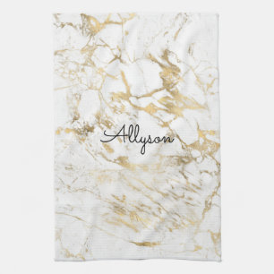 White & Gold Marble, DIY Black Name or Monogram Tea Towel