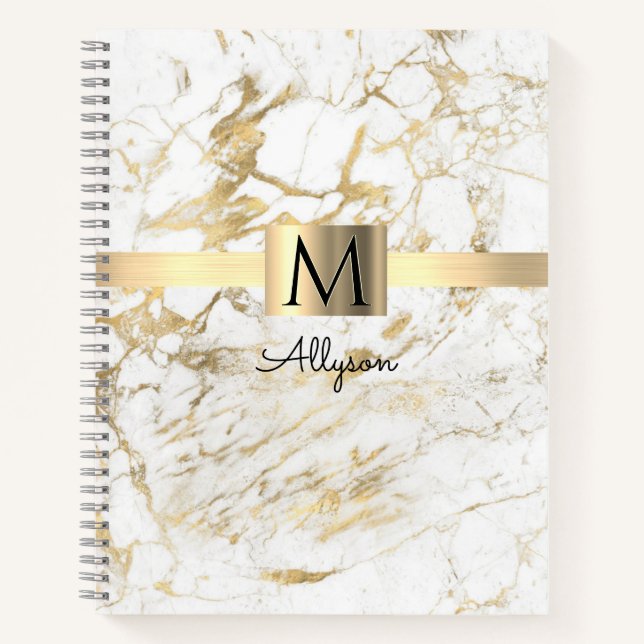 White & Gold Marble, Gold Box/Band Name & Monogram Notebook (Front)