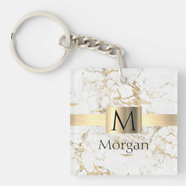 White & Gold Marble Gold Box, Black Name Monogram Key Ring (Front)