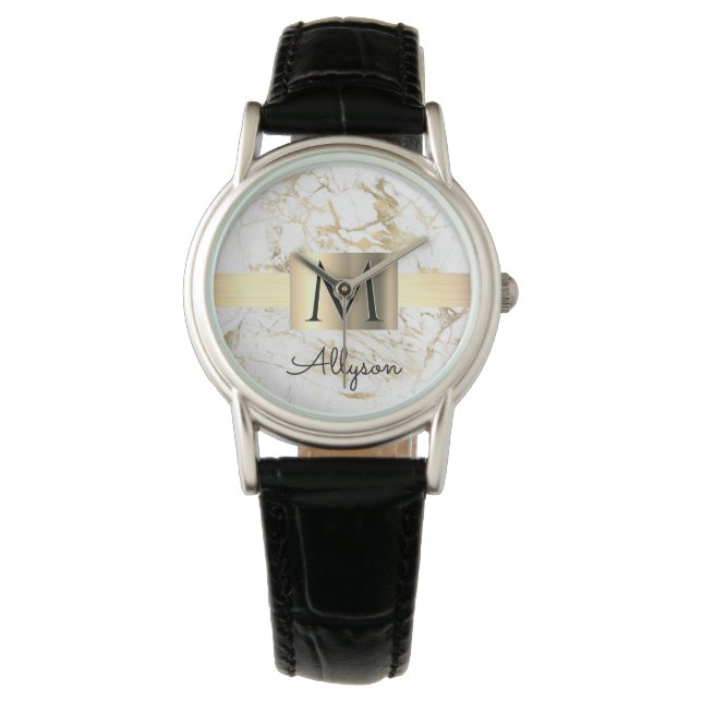 White & Gold Marble Gold Box, Black Name Monogram Watch (Front)