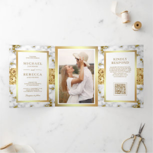 White Gold Marble Photo QR Code Wedding Tri-Fold Invitation