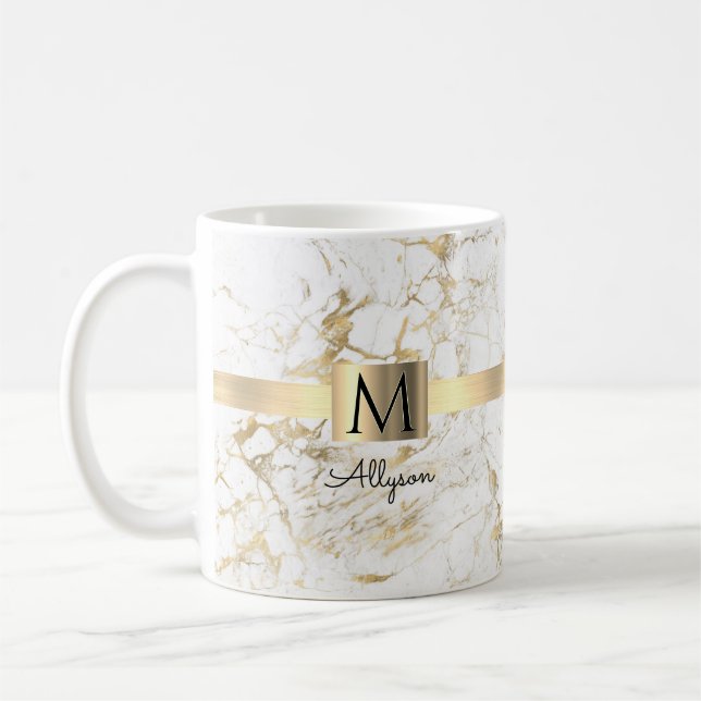 White & Gold Marble, Script Name & Monogram Coffee Mug (Left)