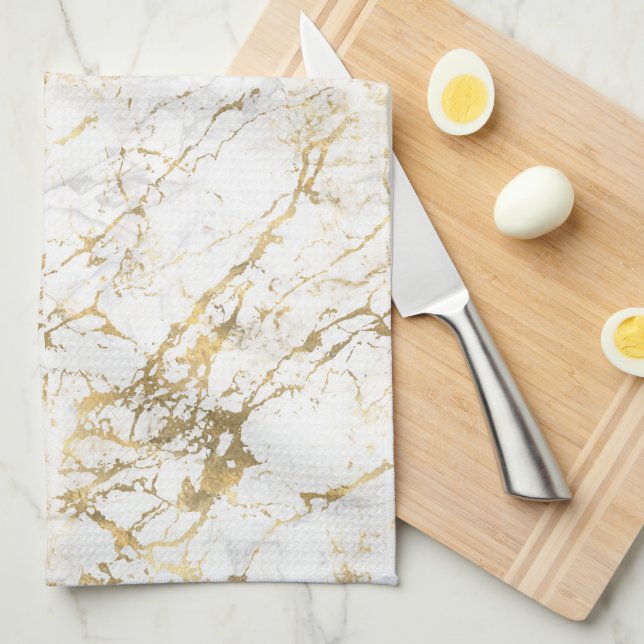 White & Gold Marble Tea Towel (Quarter Fold)