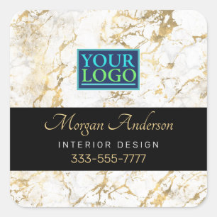 White & Gold Marble, Your Logo DIY Business, Black Square Sticker