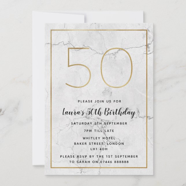 White & Gold Marbled 50th Birthday Invites (Front)