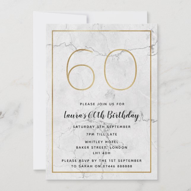 White & Gold Marbled 60th Birthday Invites (Front)