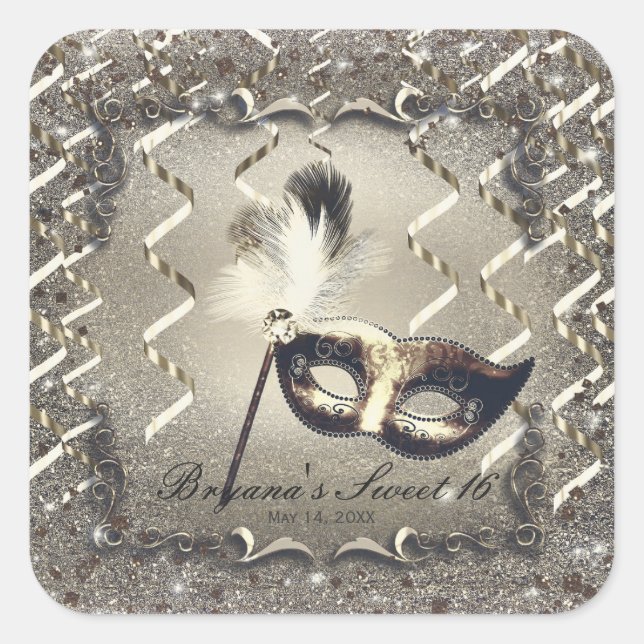 White Gold Masquerade Mask Elegant Ball Party Square Sticker (Front)