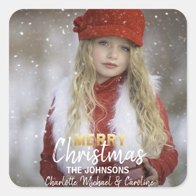 White Gold Merry Christmas Holiday Family | PHOTO Square Sticker (Front)