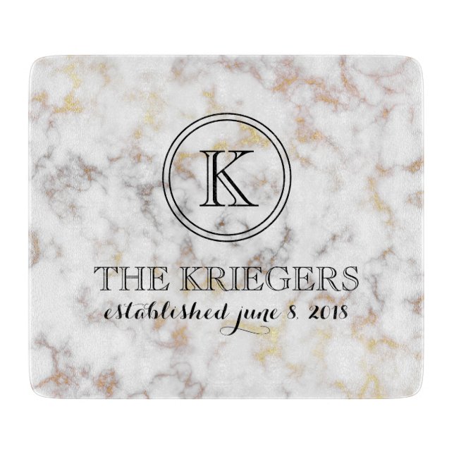 White Gold Metallic Marble Monogram Wedding Cutting Board (Front)