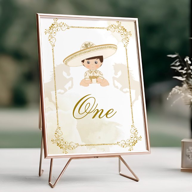 White Gold Mexican Baptism Birthday Table Number Poster (Creator Uploaded)