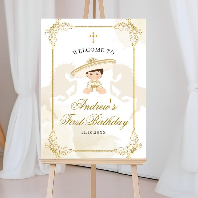White Gold Mexican Boy 1st Birthday Welcome Sign (Creator Uploaded)
