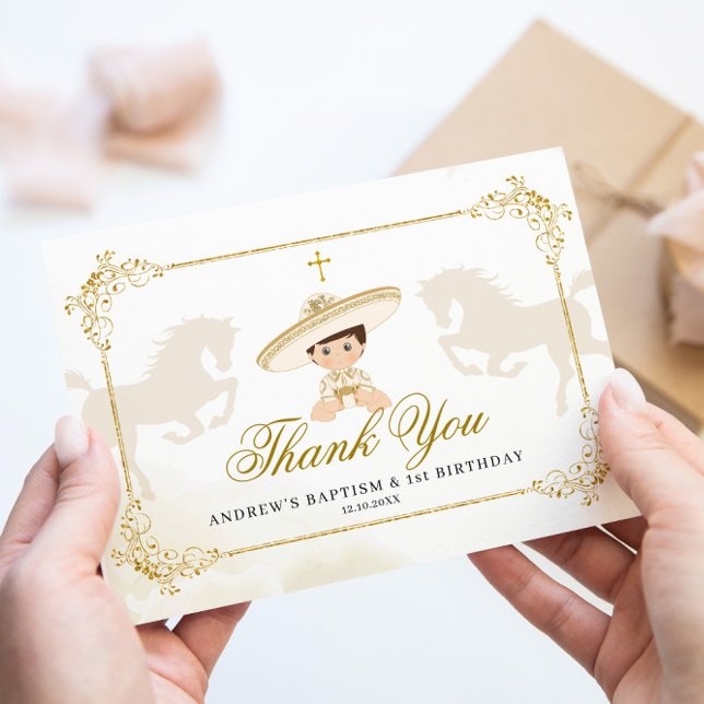 White Gold Mexican Boy First Birthday Thank You Card (Creator Uploaded)