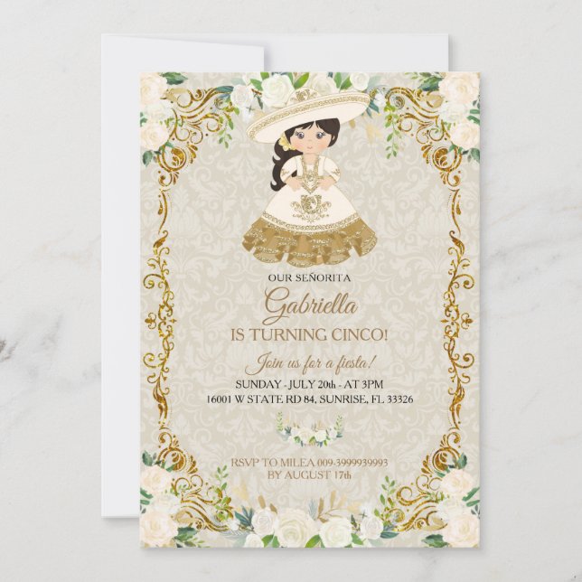 White & Gold Mexican Girl is Turning Cinco Party Invitation (Front)