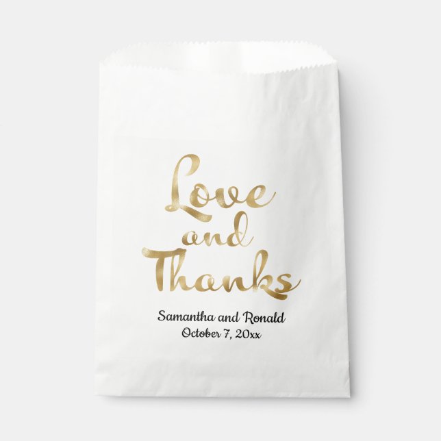 White & Gold Minimalist Love & Thanks Wedding  Favour Bags (Front)
