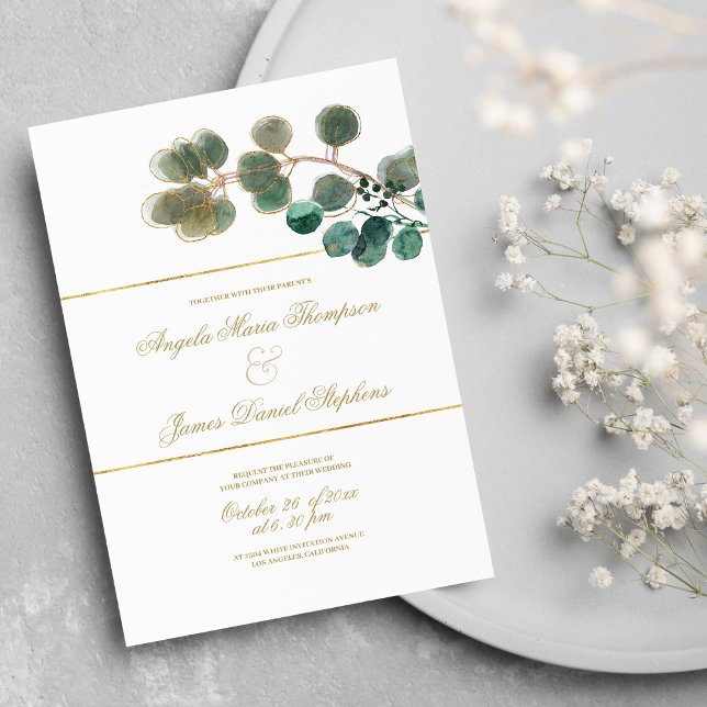 White gold mint green eucalyptus leaves wedding  invitation (White gold mint green eucalyptus leaves wedding)