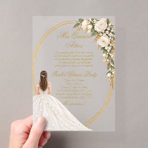 White & Gold Mis Quince Años Acrylic Invitations