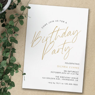 White & Gold Modern Minimal Typography Birthday Invitation