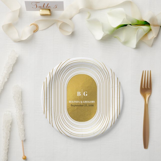 White & Gold Modern Minimalist Arch Wedding Paper Plate (Wedding)