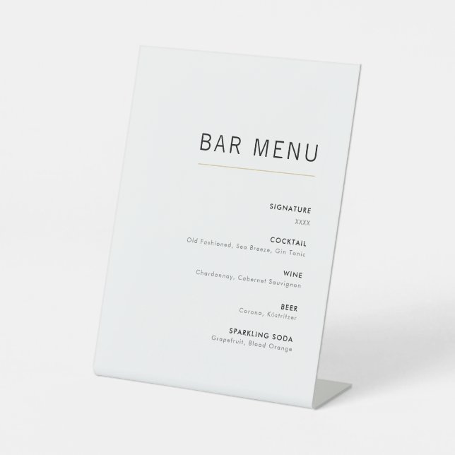 White & Gold Modern Minimalist Wedding Bar Menu Pedestal Sign (Front)