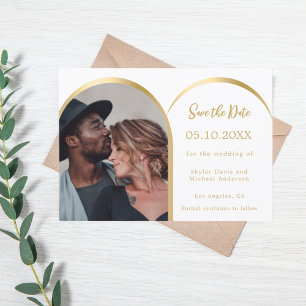 White gold modern photo arch wedding save the date