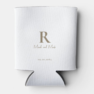 White & Gold Monogram and Couple Names Wedding Can Cooler