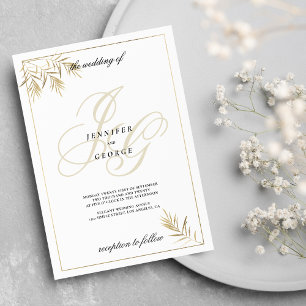 White gold monogram initials foliage wedding invitation