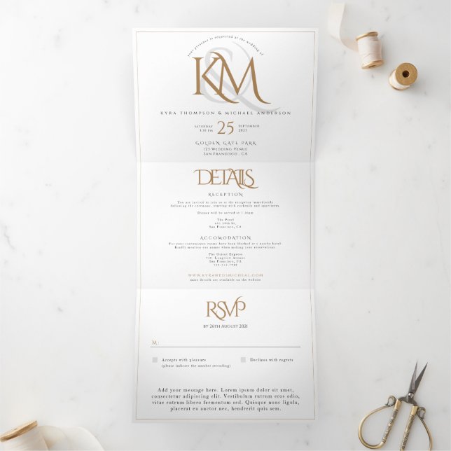 White Gold Monogram Modern All In One Wedding Tri-Fold Invitation (Inside)