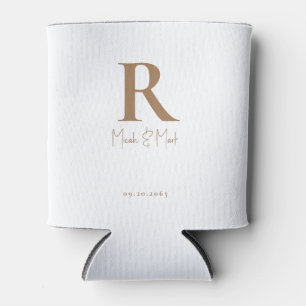 White & Gold Monogram Wedding Can Cooler