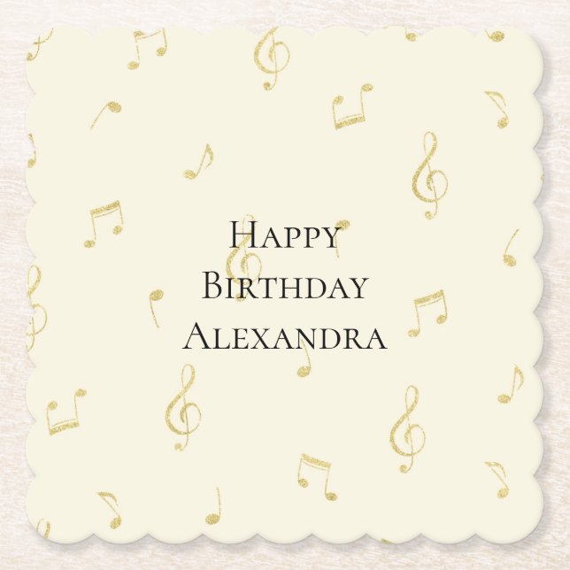 White Gold Music Notes Birthday Paper Coaster (Front)