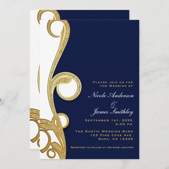 White Gold Navy Blue Chic Elegant Swirl Wedding Invitation (Front/Back)