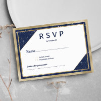 White gold navy blue glitter geometric RSVP