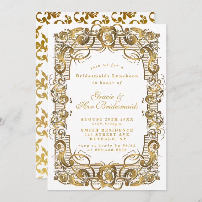 White Gold Ornament Bridesmaids Luncheon Invites (Front/Back)