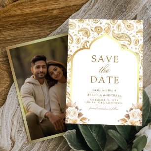 White Gold Paisley Floral Indian Wedding Photo Save The Date