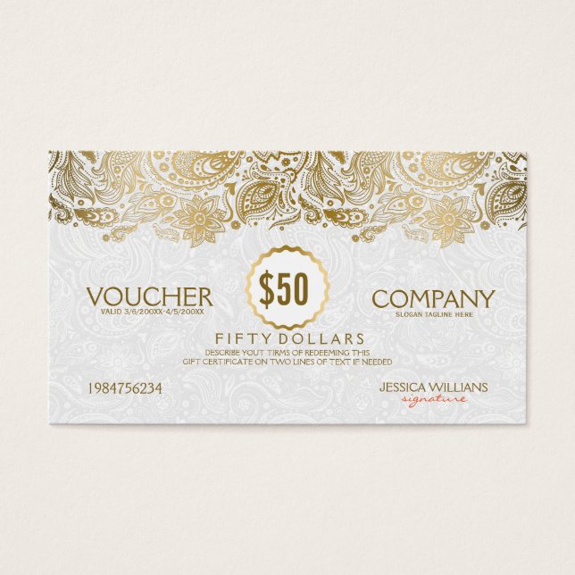 White & Gold Paisley Lace Voucher (Front)