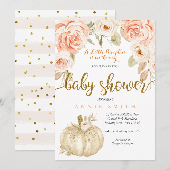 White Gold Peach baby shower Invitation card girl (Front/Back)