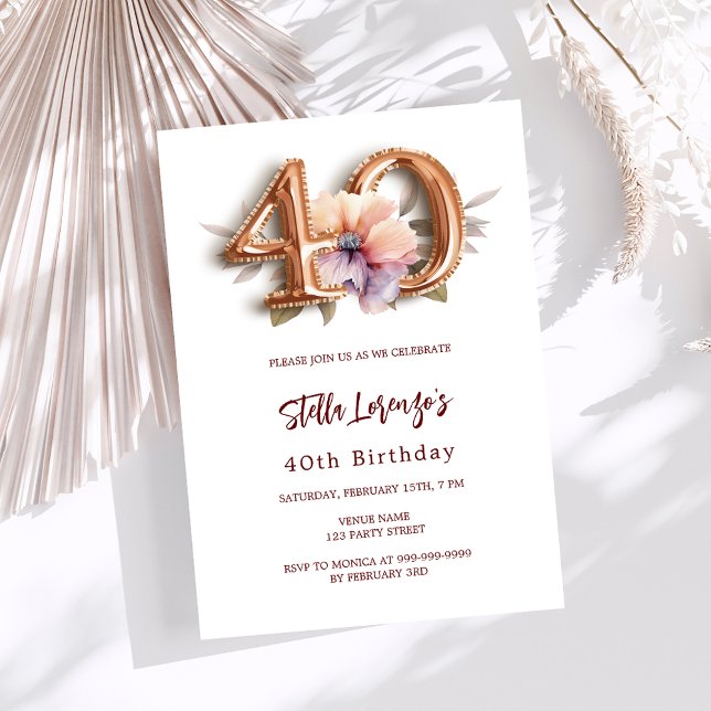 White gold peach floral 40th birthday luxury invitation (Creator Uploaded)