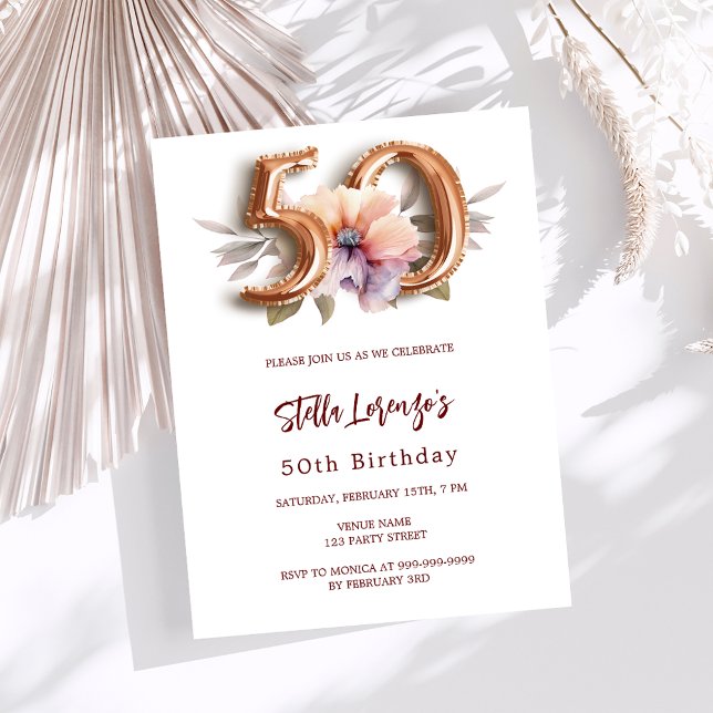White gold peach floral 50th birthday luxury invitation (Creator Uploaded)