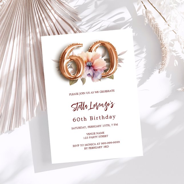 White gold peach floral 60th birthday luxury invitation (Creator Uploaded)