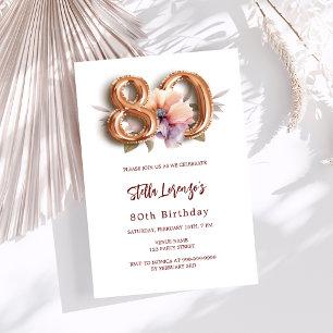 White gold peach floral 80th birthday invitation