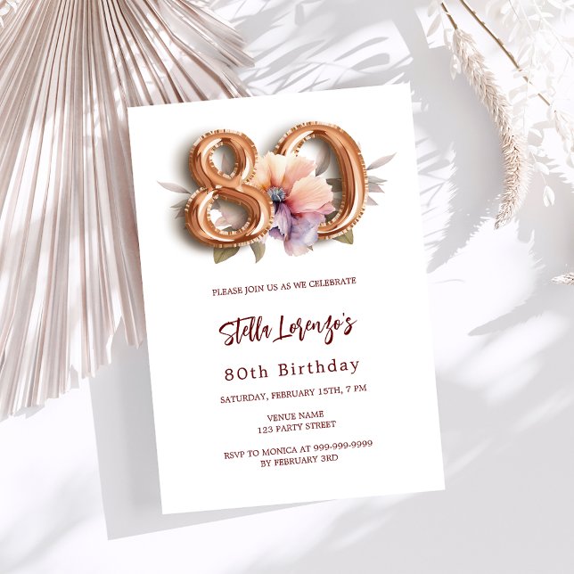 White gold peach floral 80th birthday invitation (Creator Uploaded)