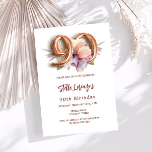 White gold peach floral 90th birthday luxury invitation
